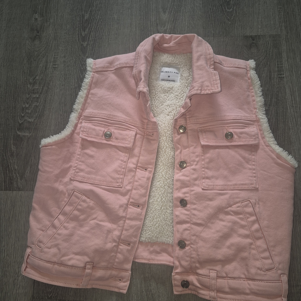 Pink Sherpa-Lined Denim Vest